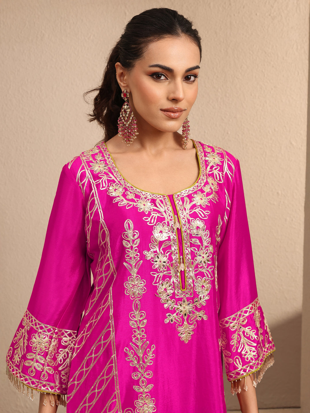 Pink Embroidered Silk Blend Straight Suit Set With Dupatta 