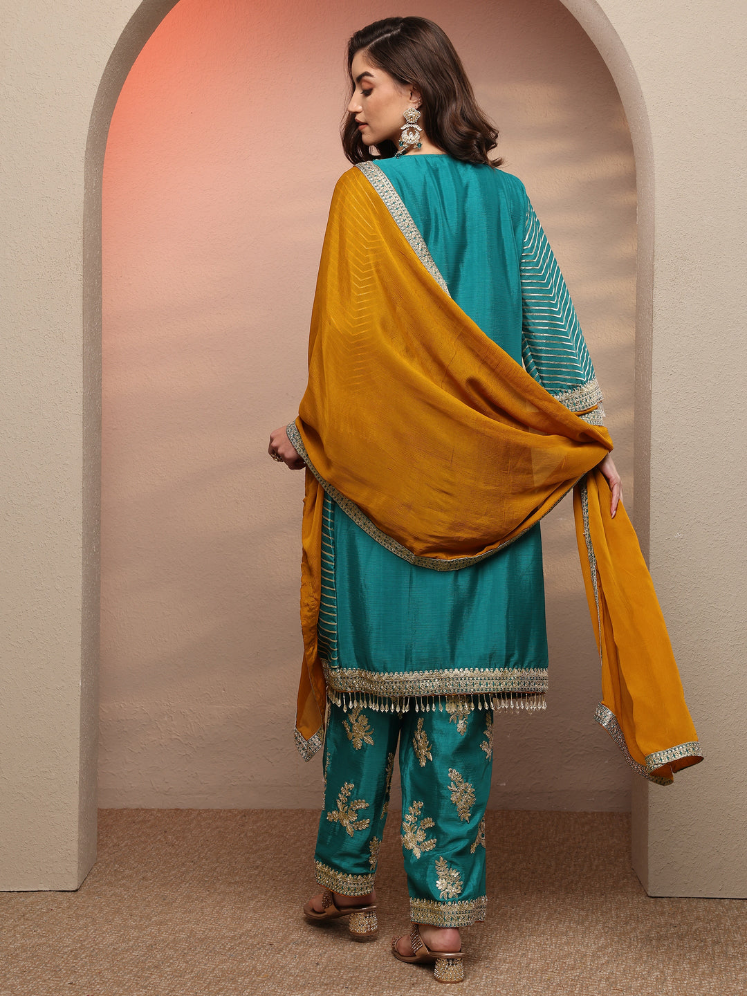  Blue Striped Embellished Silk Blend Suit Set With Dupatta 