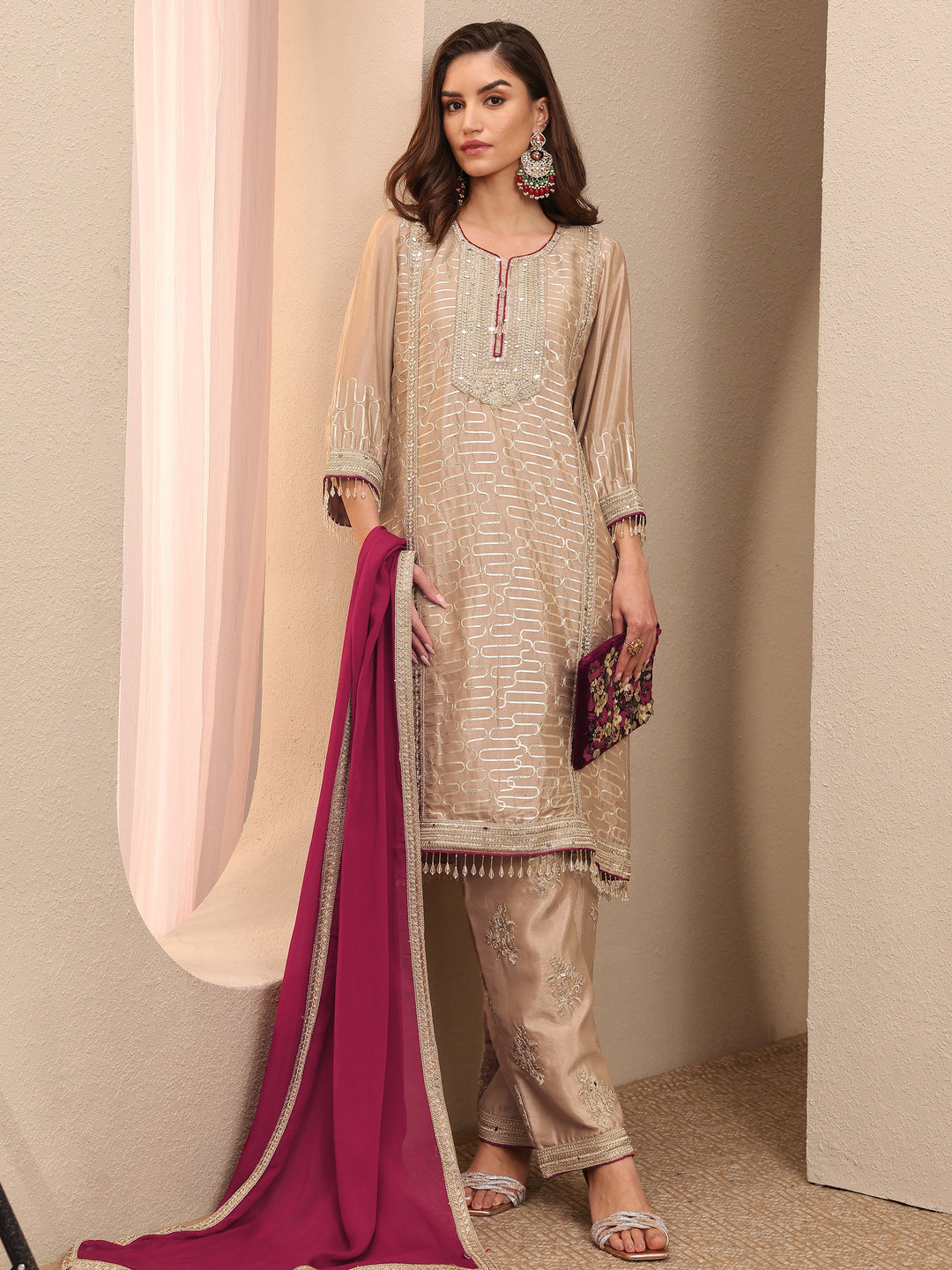 Beige Embroidered Silk Blend Straight Suit Set With Dupatta