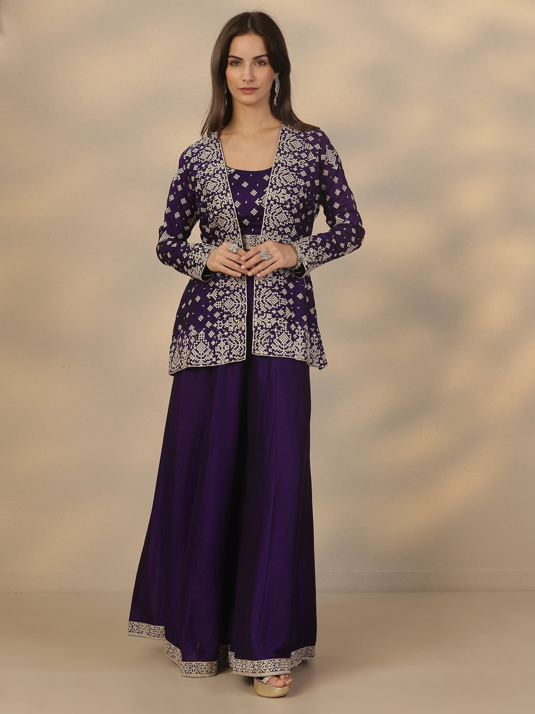  Purple Embroidered Silk Blend Co-Ord Sets 