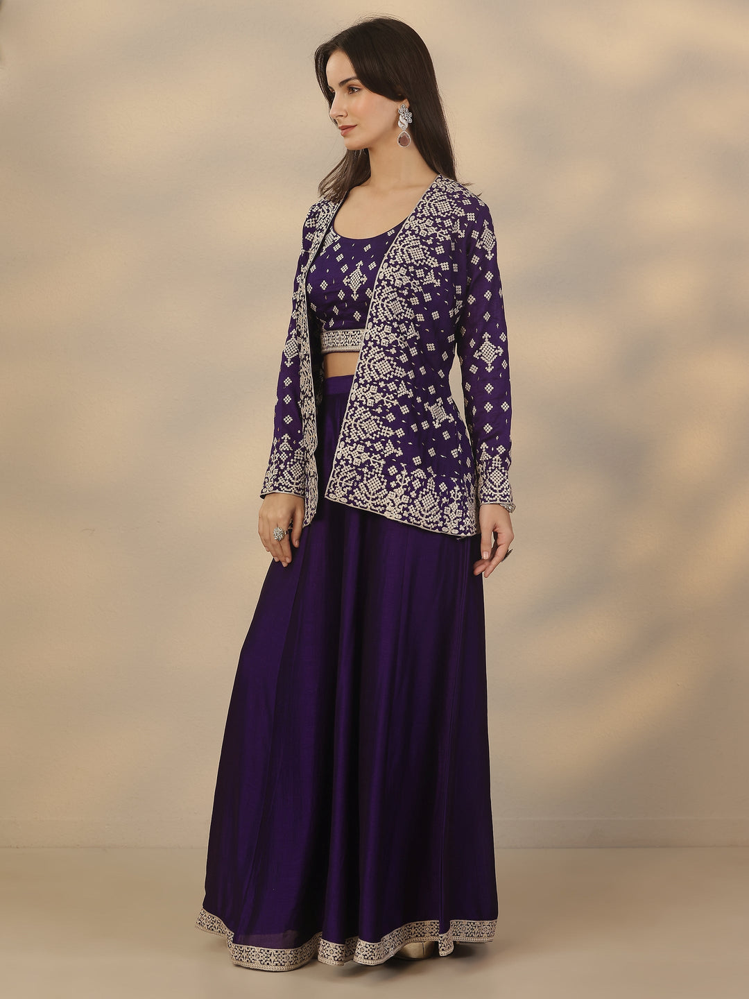  Purple Embroidered Silk Blend Co-Ord Sets 