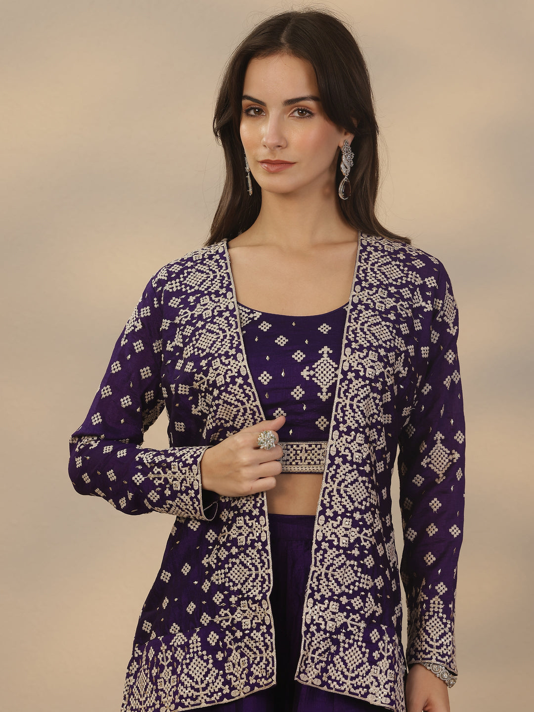  Purple Embroidered Silk Blend Co-Ord Sets 