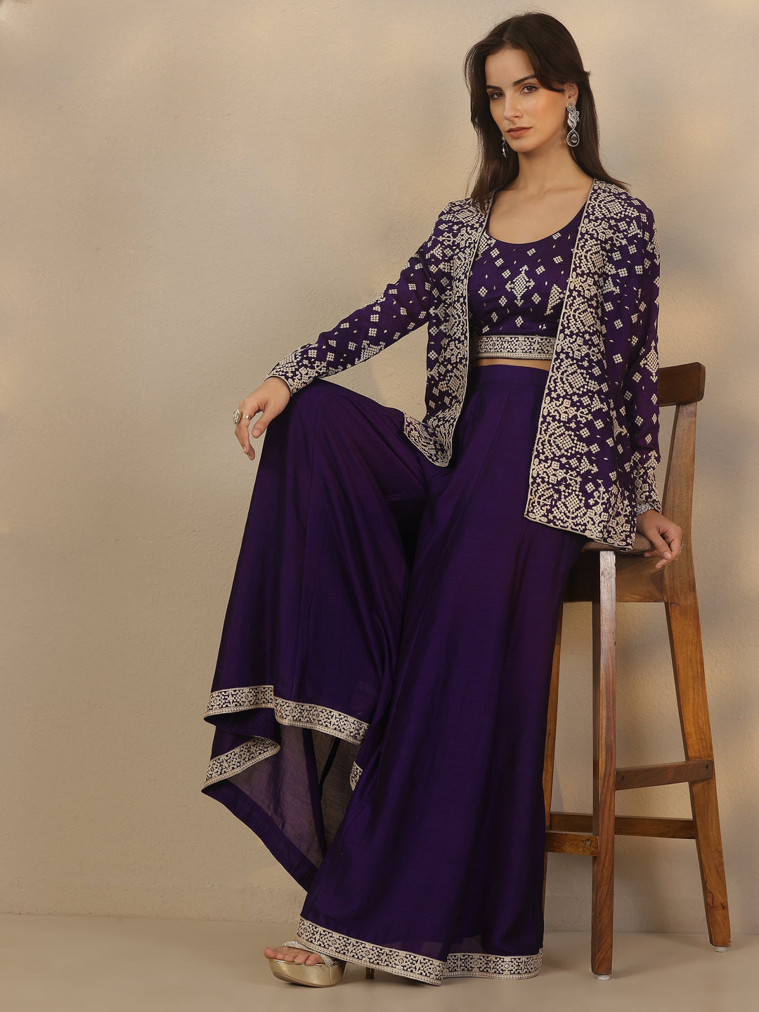  Purple Embroidered Silk Blend Co-Ord Sets 