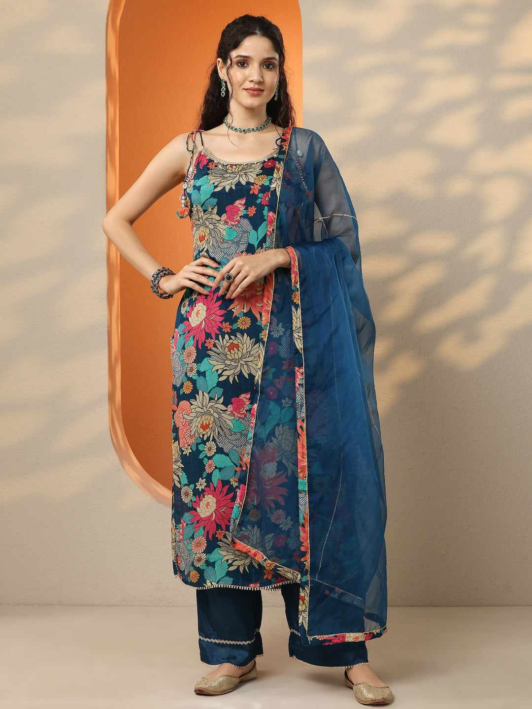  Teal Printed Chinon Straight Suit Set With Dupatta 