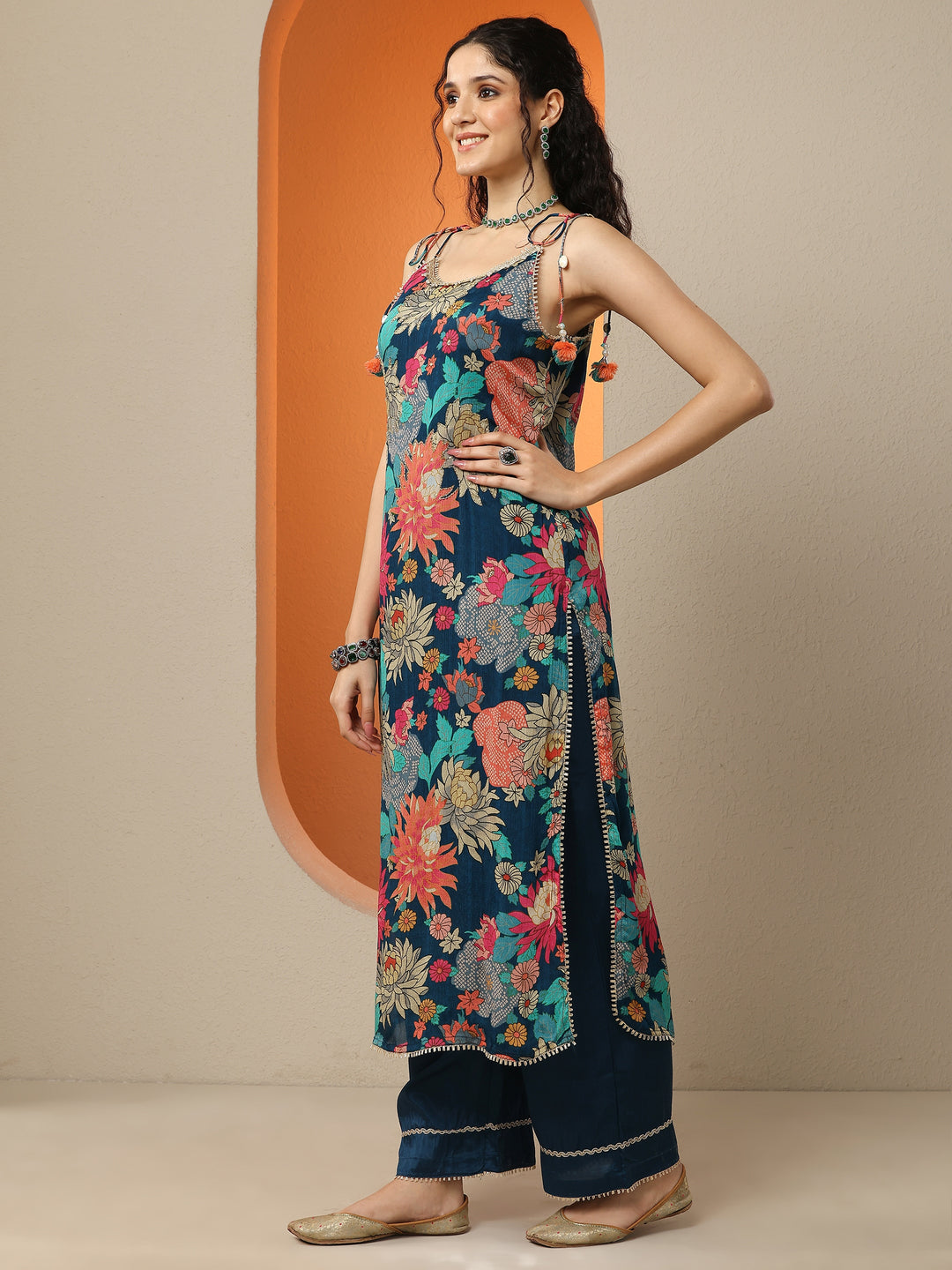  Teal Printed Chinon Straight Suit Set With Dupatta 