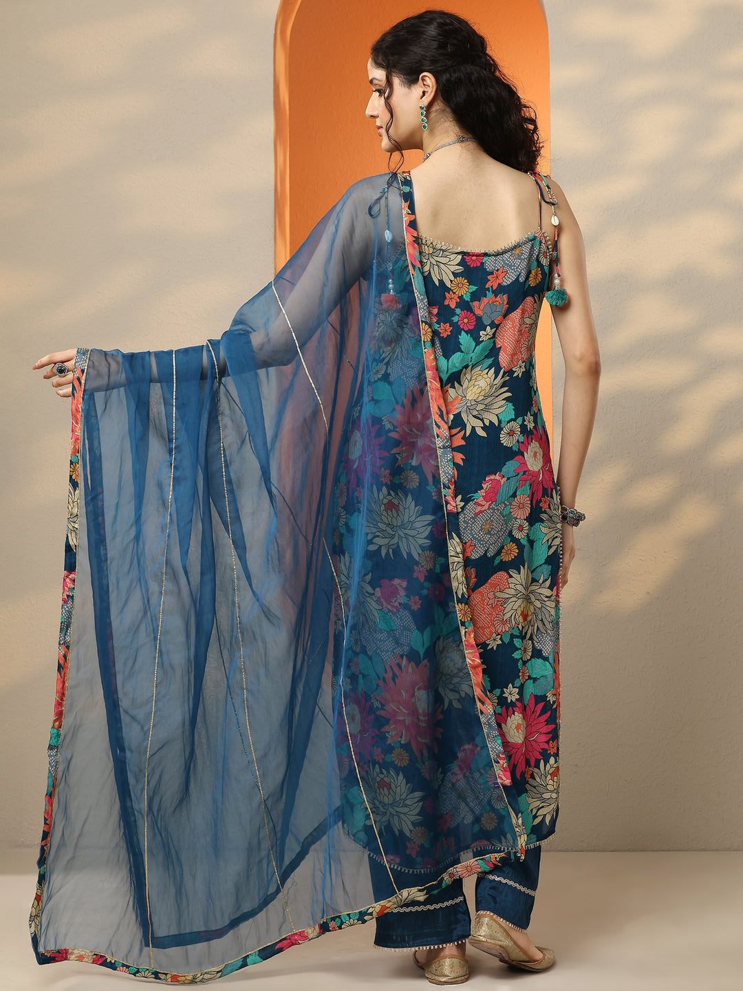  Teal Printed Chinon Straight Suit Set With Dupatta 