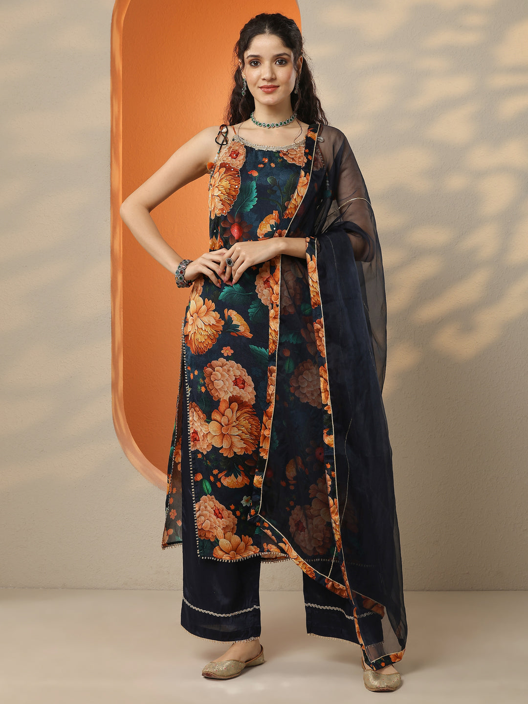 Navy Blue Printed Chinon Straight Suit Set With Dupatta