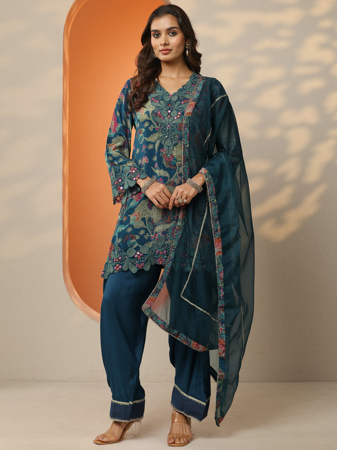  Blue Printed Crepe Straight Suit Set With Dupatta 