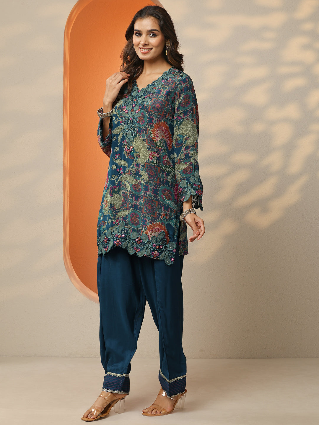  Blue Printed Crepe Straight Suit Set With Dupatta 