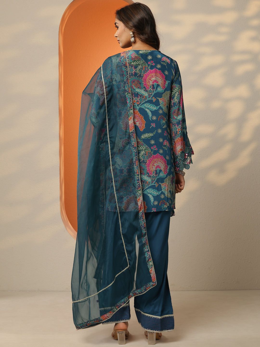  Blue Printed Crepe Straight Suit Set With Dupatta 