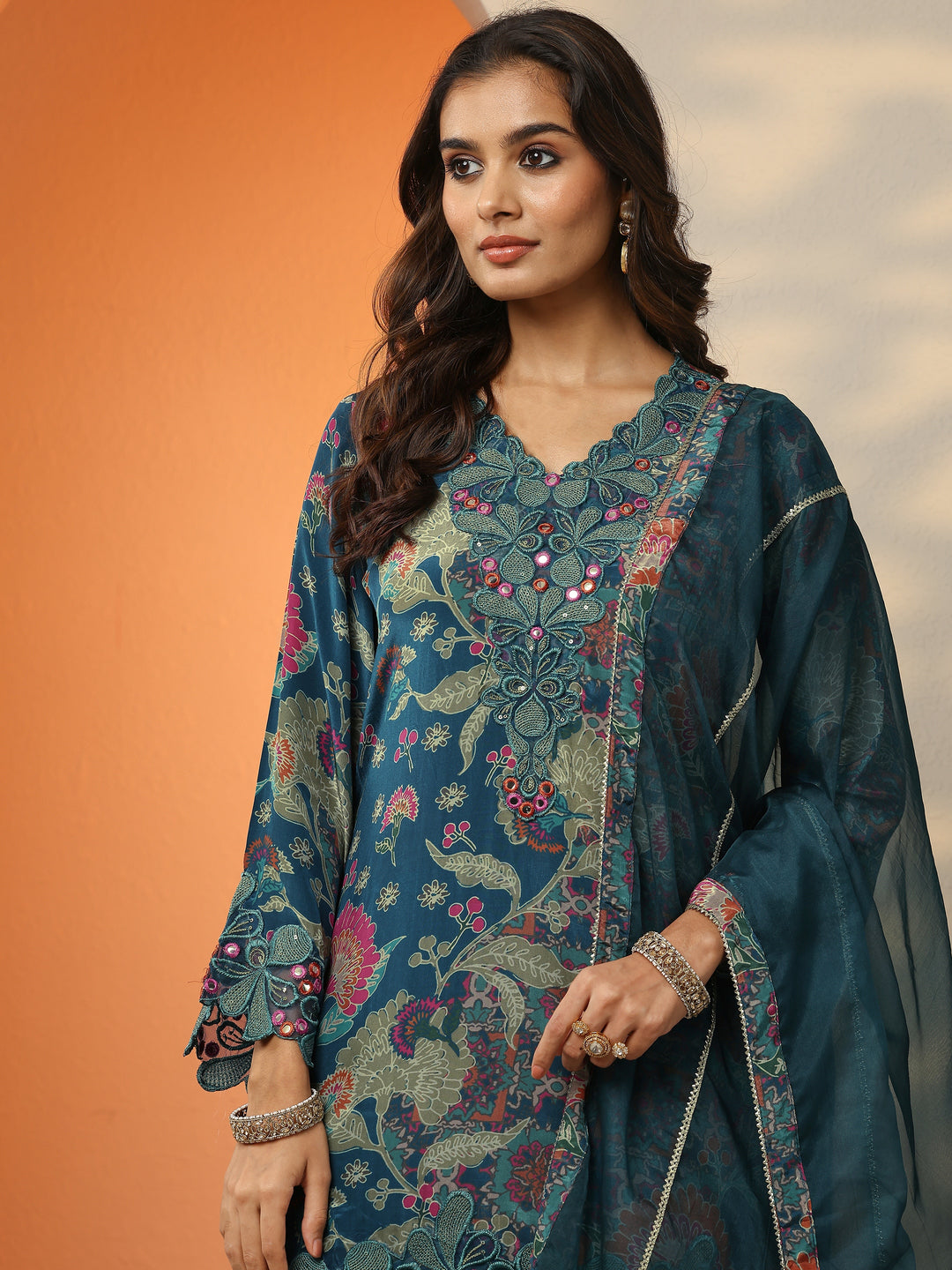  Blue Printed Crepe Straight Suit Set With Dupatta 