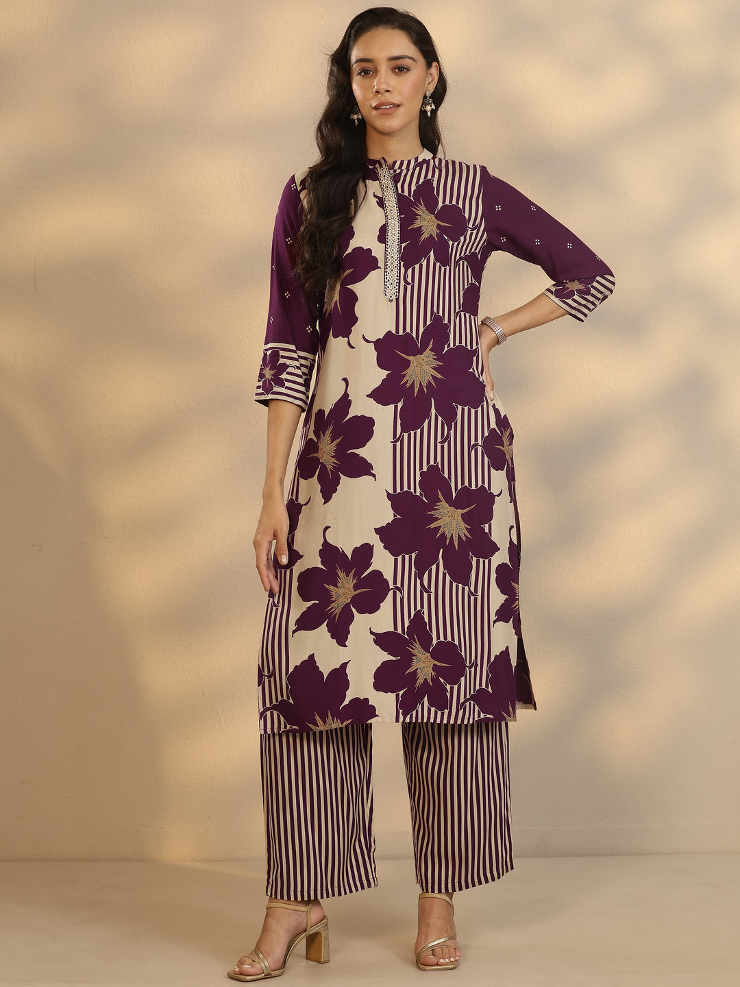  Purple Printed Silk Blend Straight Kurta Set 