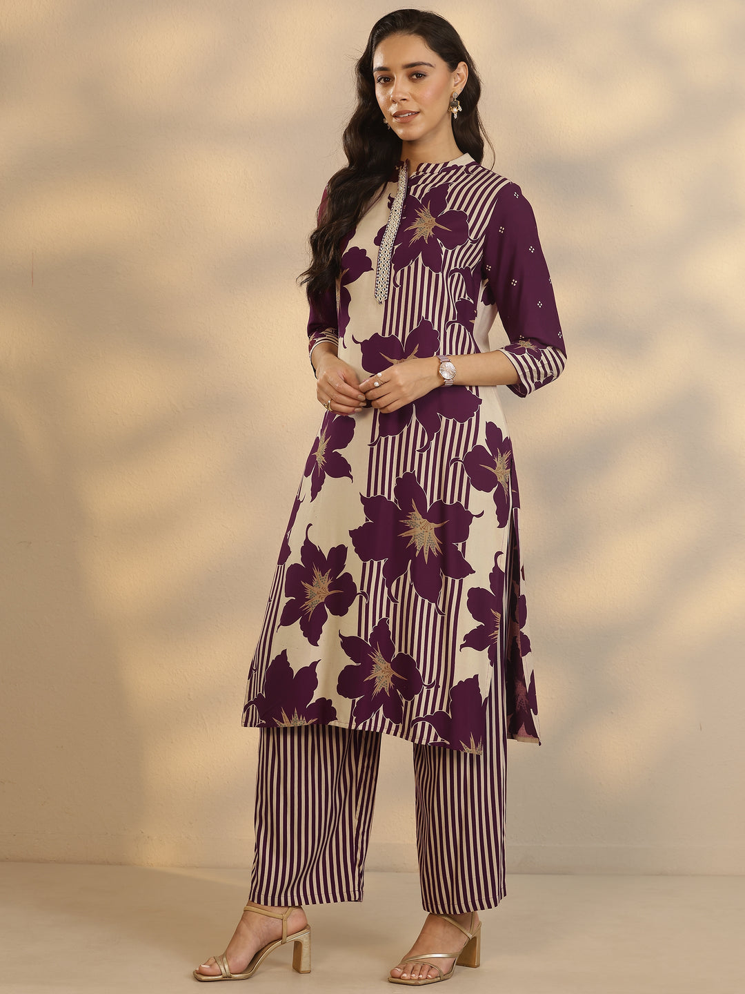  Purple Printed Silk Blend Straight Kurta Set 