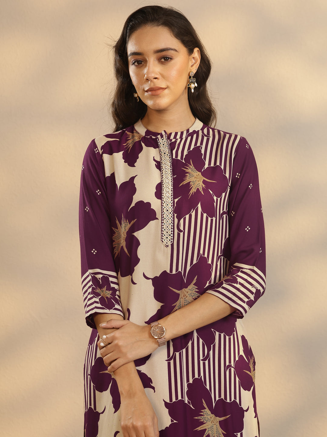  Purple Printed Silk Blend Straight Kurta Set 