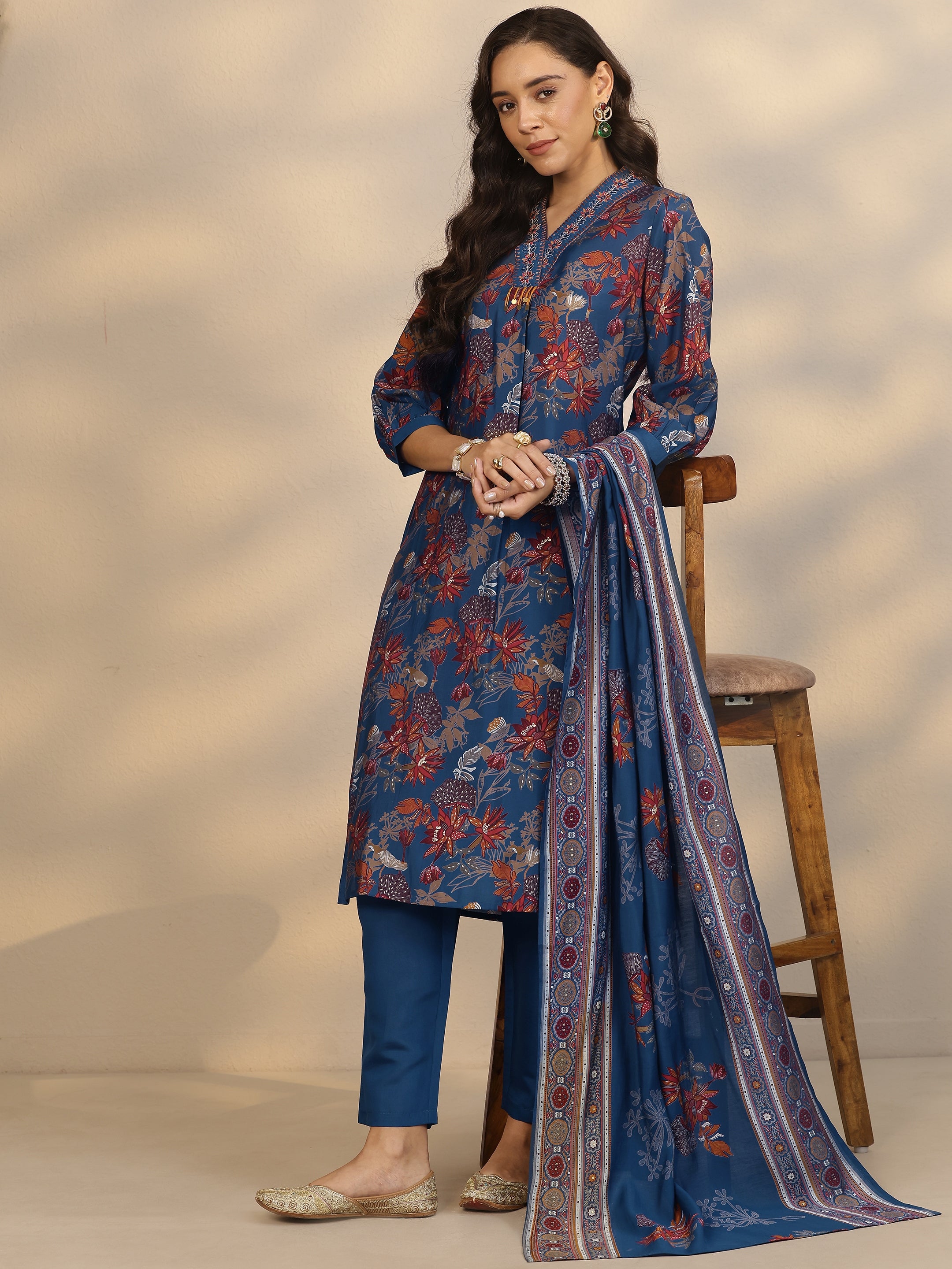libas Blue Printed Silk Blend A-Line Suit Set With Dupatta-picture-18
