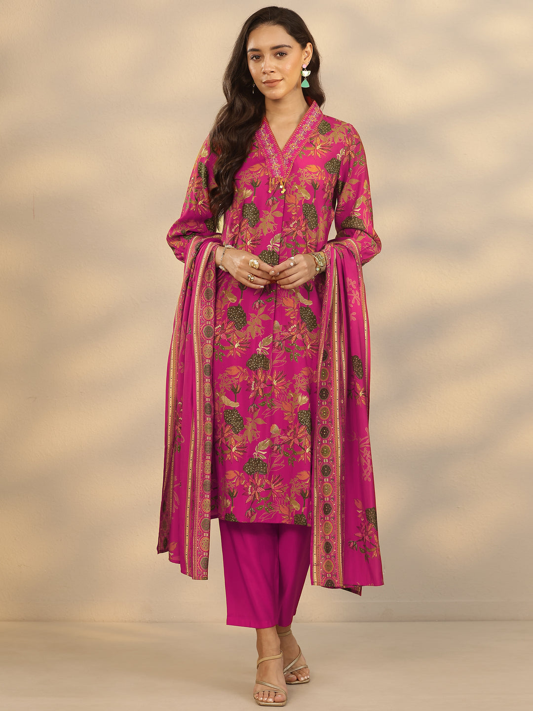  Pink Printed Silk Blend Straight Suit Set With Dupatta 