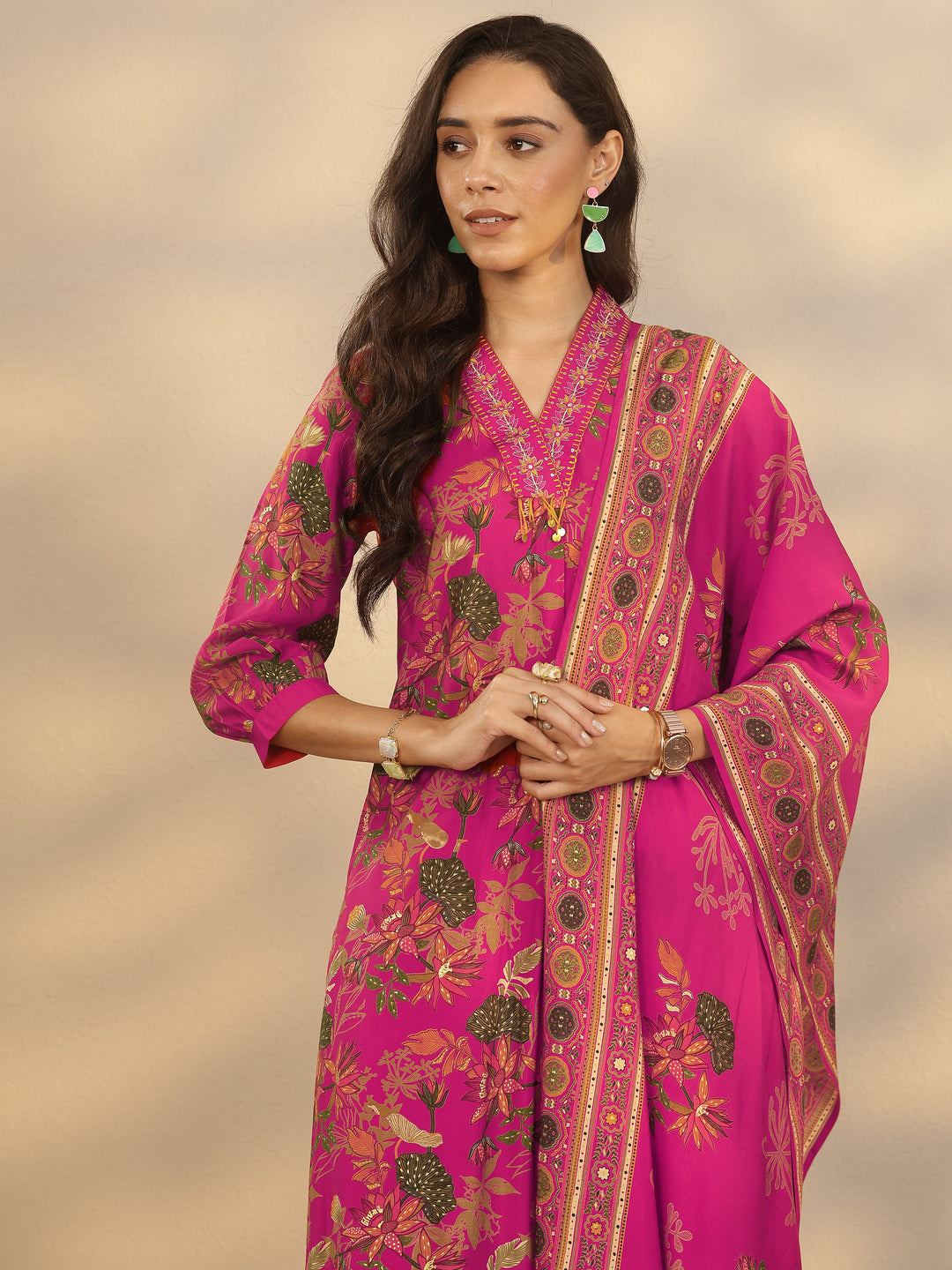  Pink Printed Silk Blend Straight Suit Set With Dupatta 