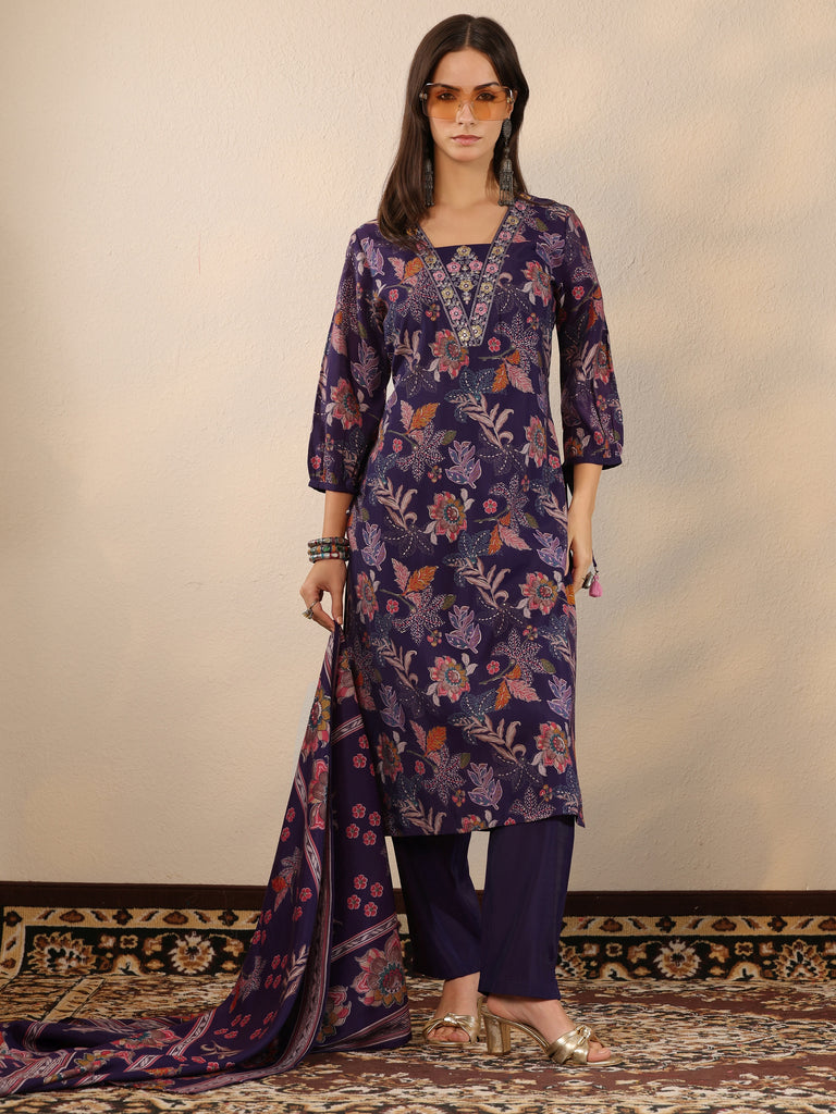 Libas Purple Printed Silk Blend Straight Suit Set With Dupatta