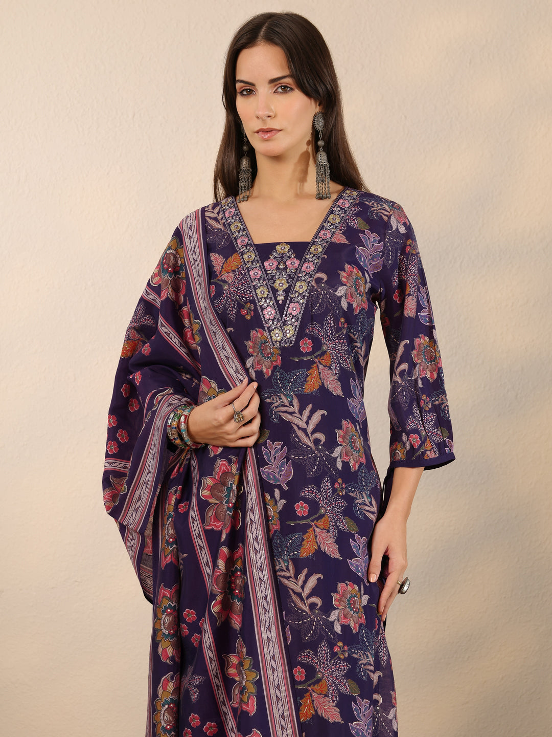  Purple Printed Silk Blend Straight Suit Set With Dupatta 