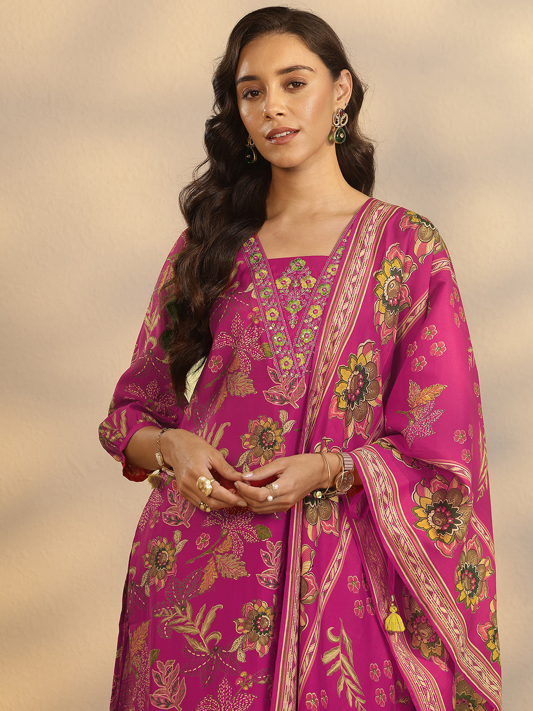  Pink Printed Silk Blend Straight Suit Set With Dupatta 