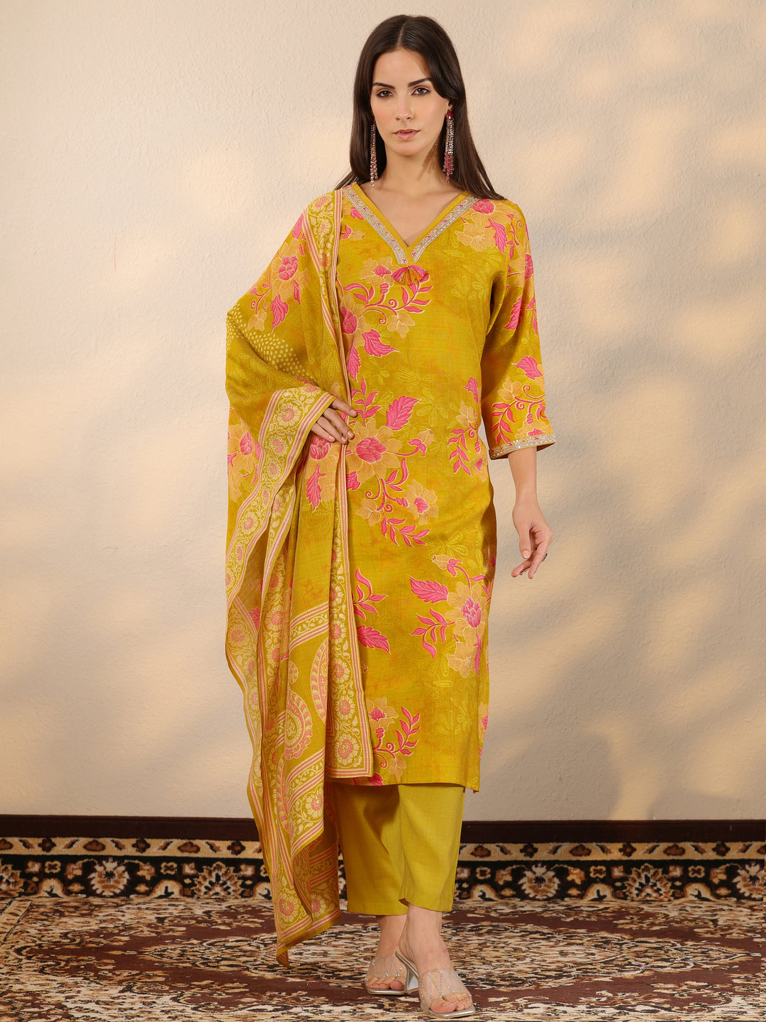  Mustard Printed Silk Blend Straight Suit Set With Dupatta 