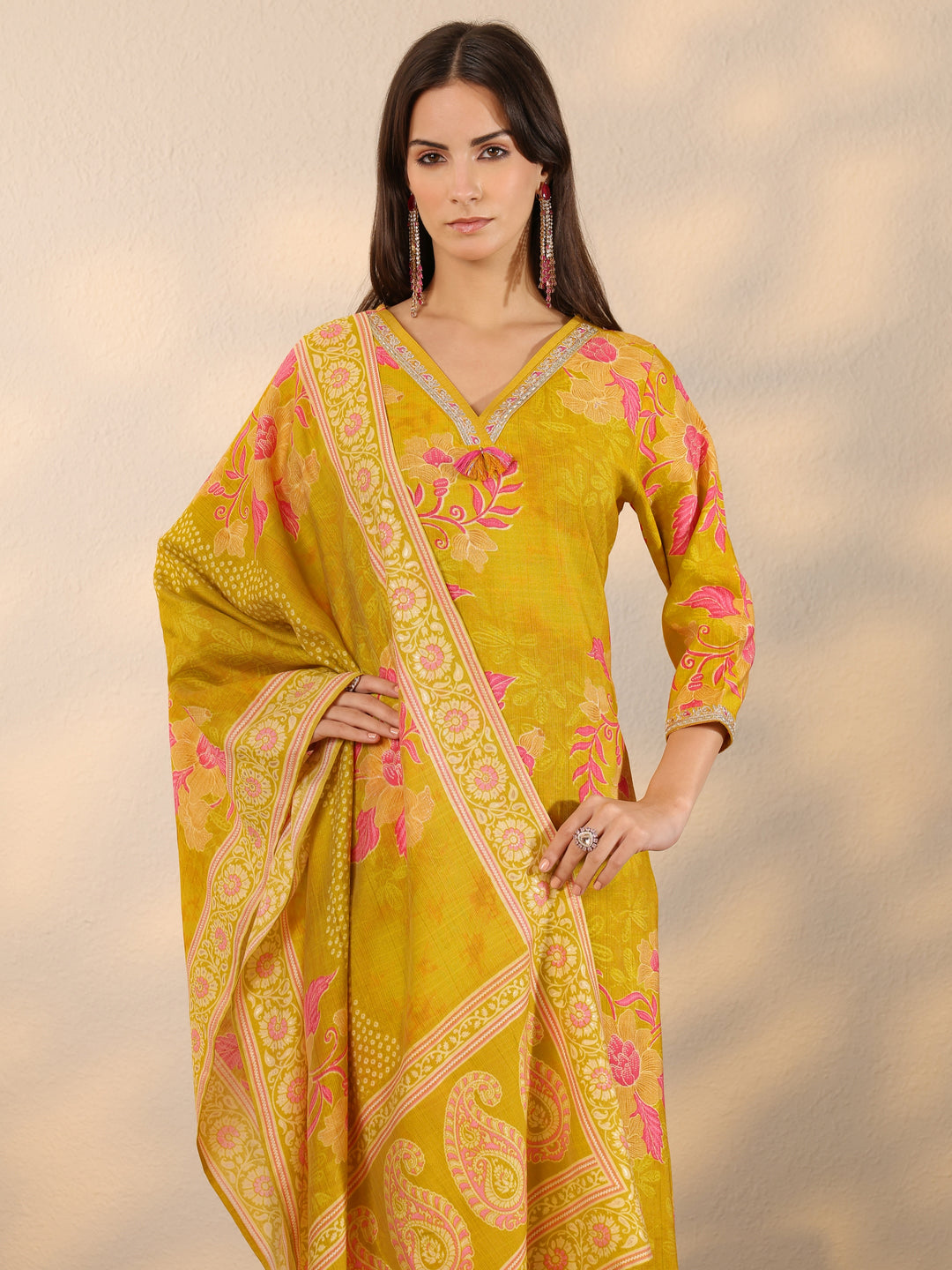  Mustard Printed Silk Blend Straight Suit Set With Dupatta 