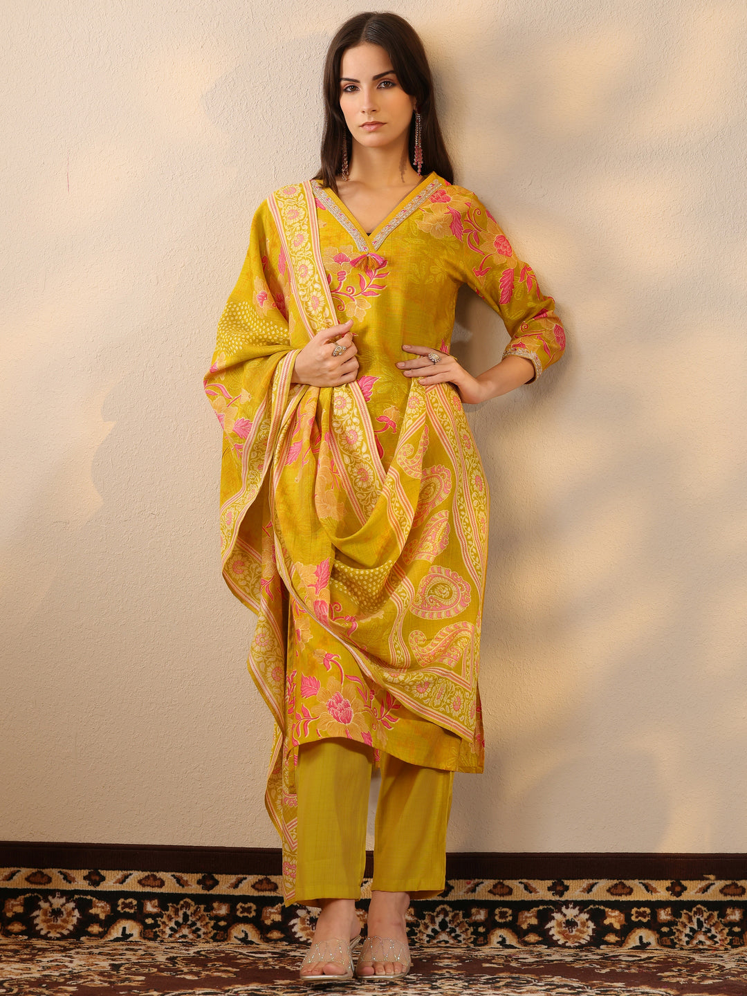 Mustard Printed Silk Blend Straight Suit Set With Dupatta