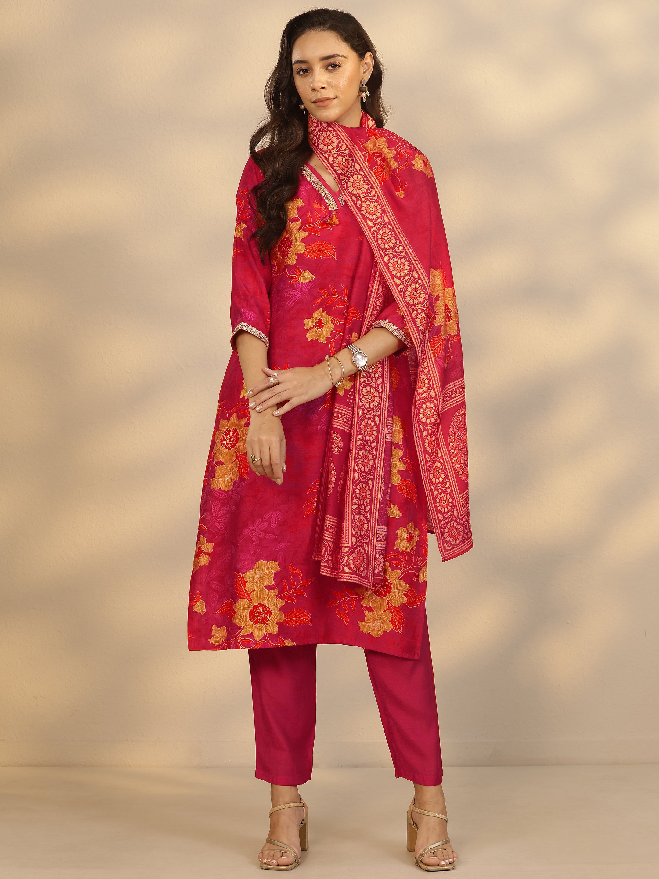 libas Red Printed Silk Blend Straight Suit Set With Dupatta-picture-28