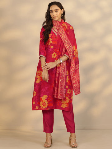 Red Printed Silk Blend Straight Suit Set With Dupatta