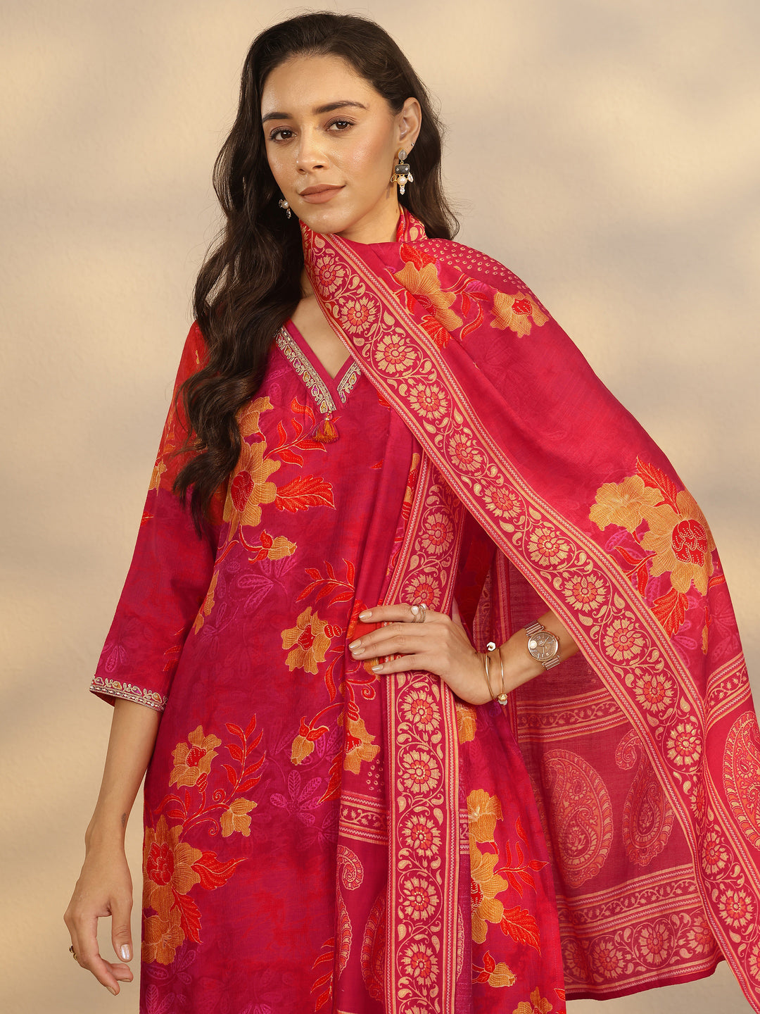  Red Printed Silk Blend Straight Suit Set With Dupatta 