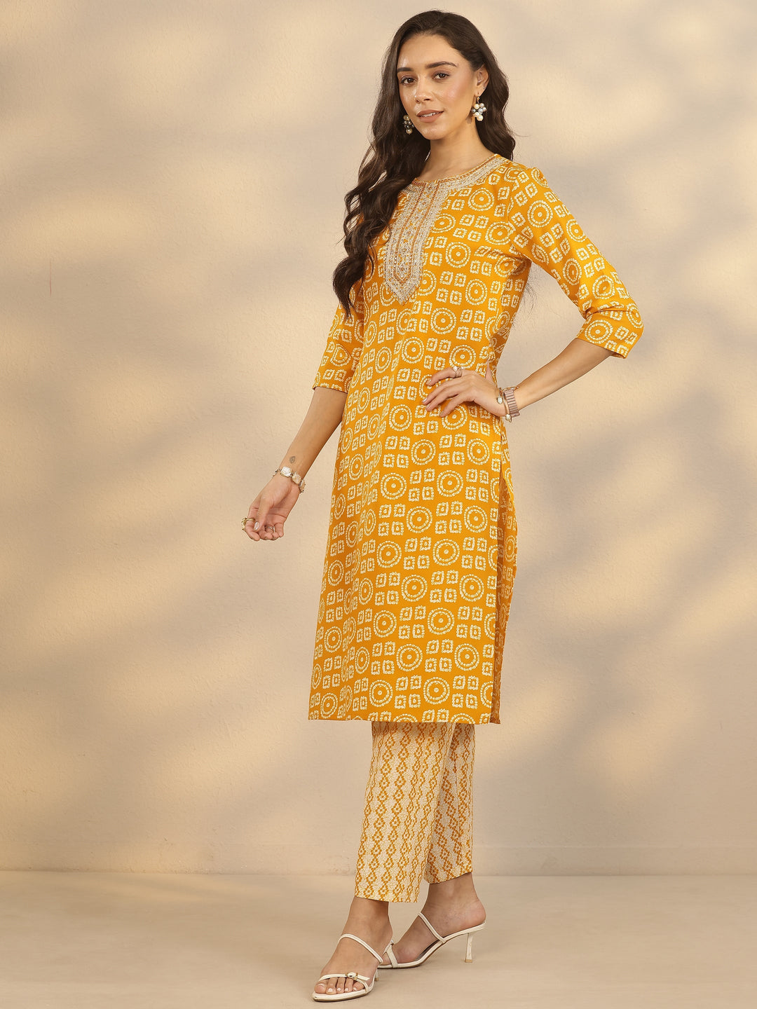  Yellow Printed Cotton Blend Straight Suit Set With Dupatta 