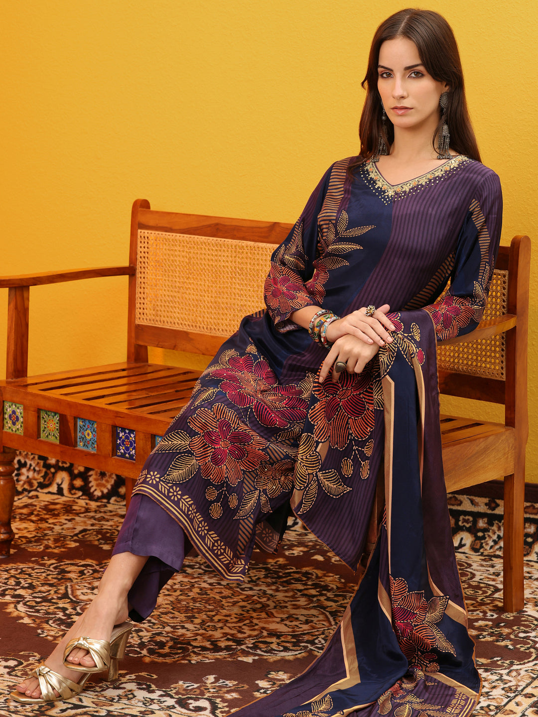 Blue Printed Crepe Straight Suit Set With Dupatta