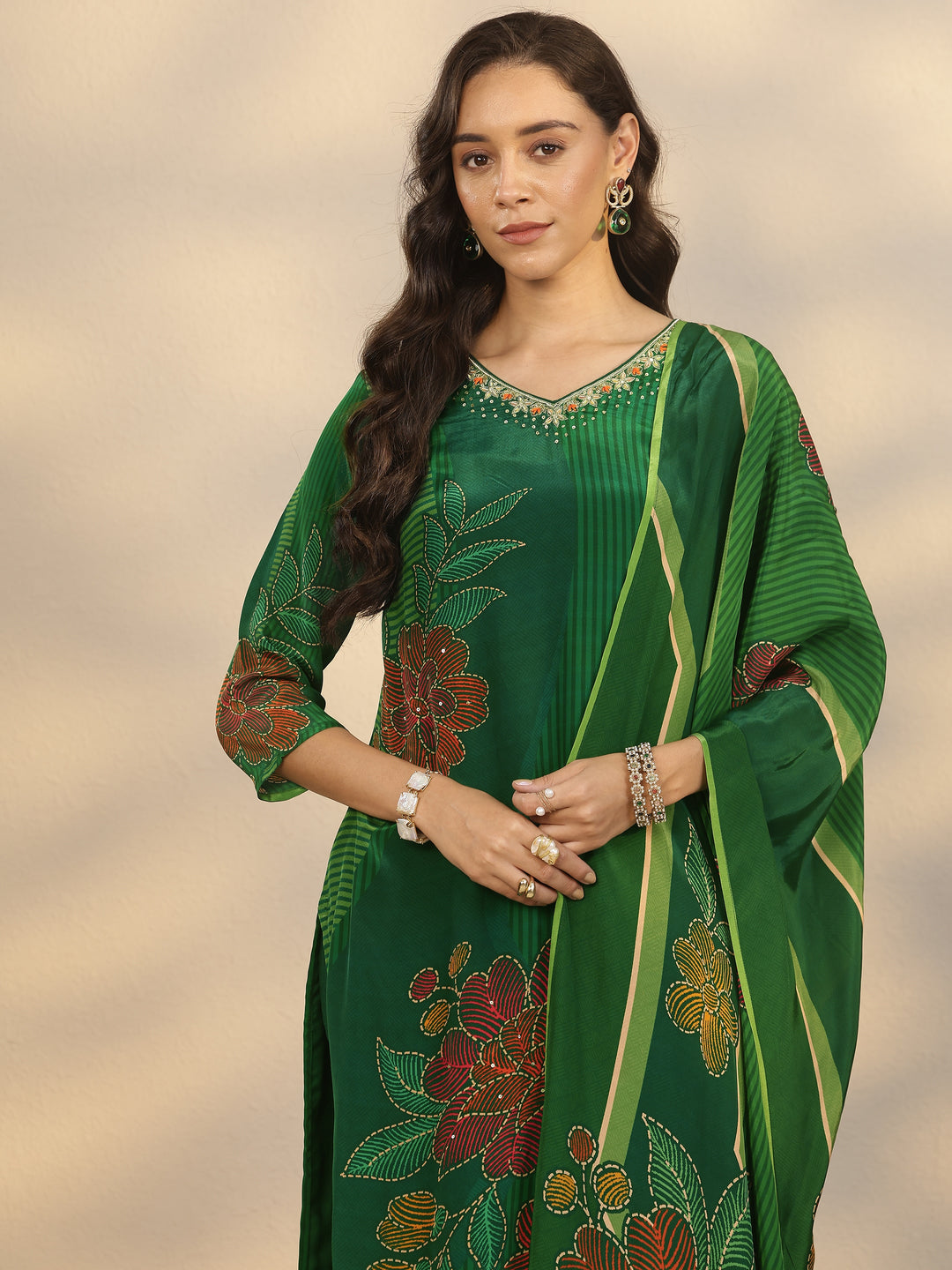  Green Printed Crepe Straight Suit Set With Dupatta 