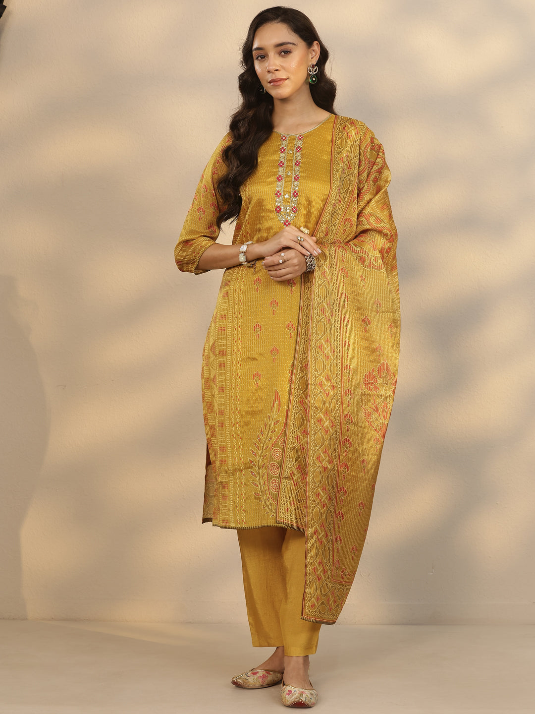  Mustard Printed Silk Blend Straight Suit Set With Dupatta 