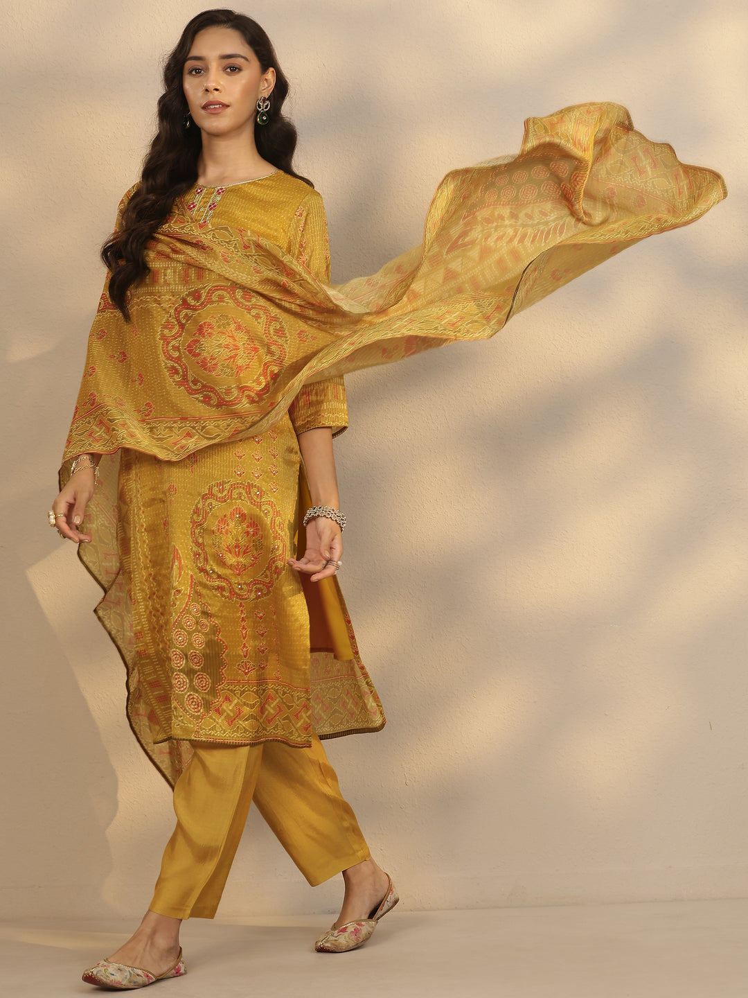 Mustard Printed Silk Blend Straight Suit Set With Dupatta