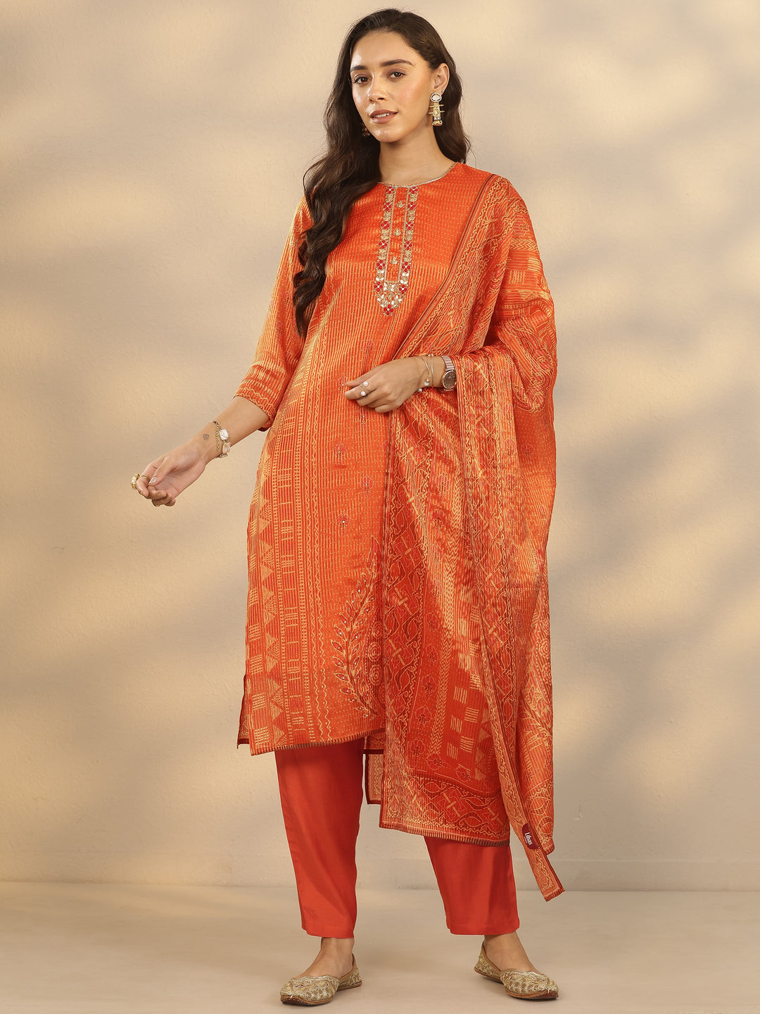  Orange Printed Silk Blend Straight Suit Set With Dupatta 