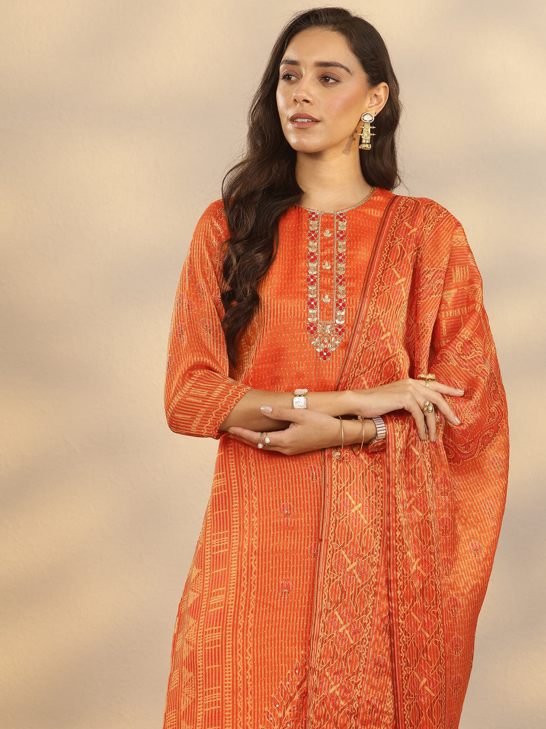 Orange Printed Silk Blend Straight Suit Set With Dupatta 
