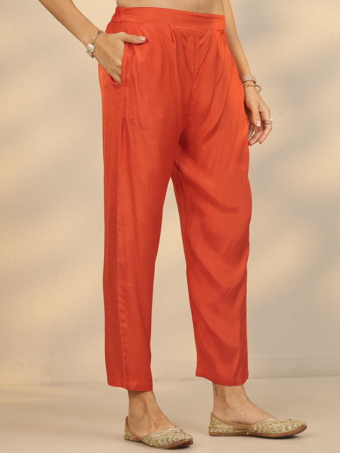  Orange Printed Silk Blend Straight Suit Set With Dupatta 