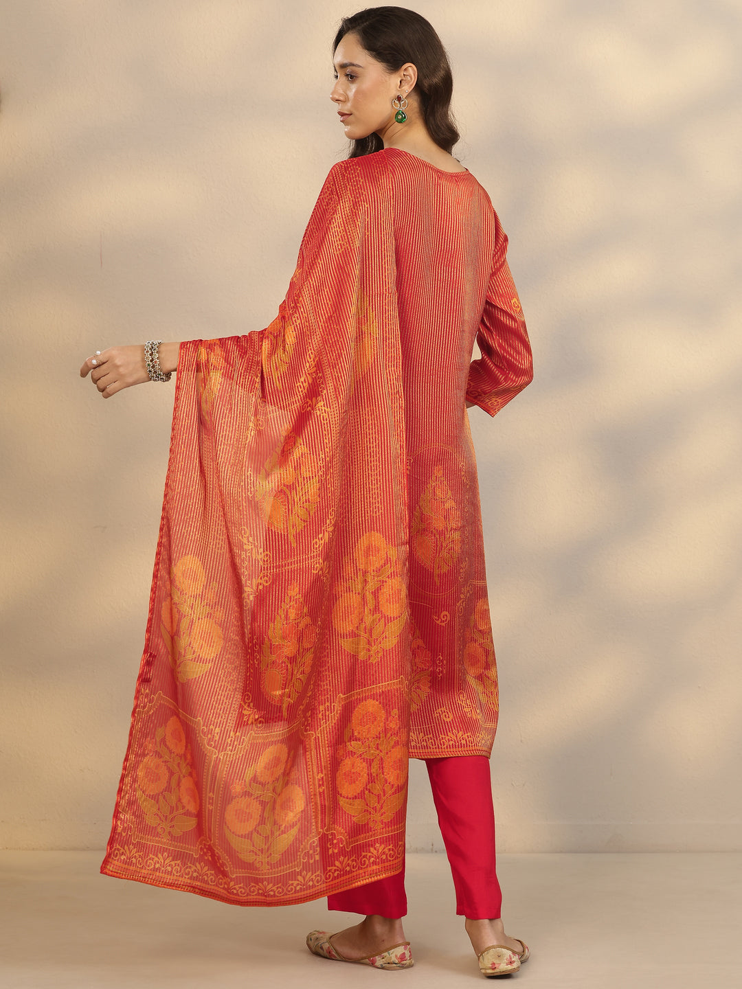  Orange Printed Silk Blend Straight Suit Set With Dupatta 