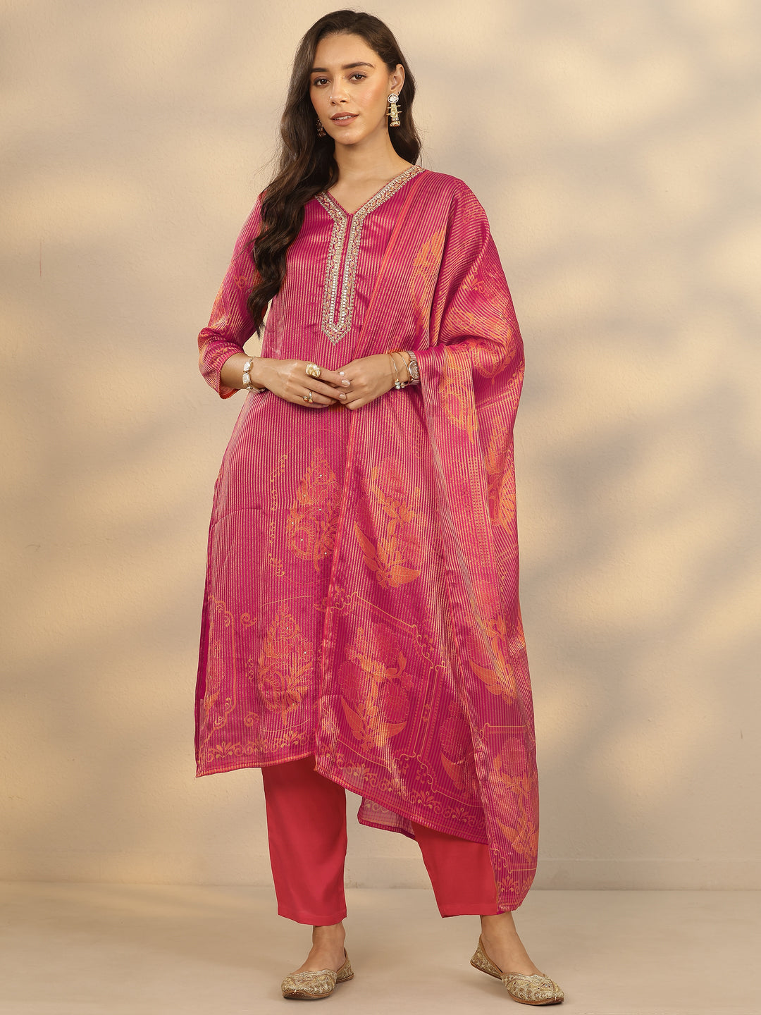  Pink Printed Silk Blend Straight Suit Set With Dupatta 