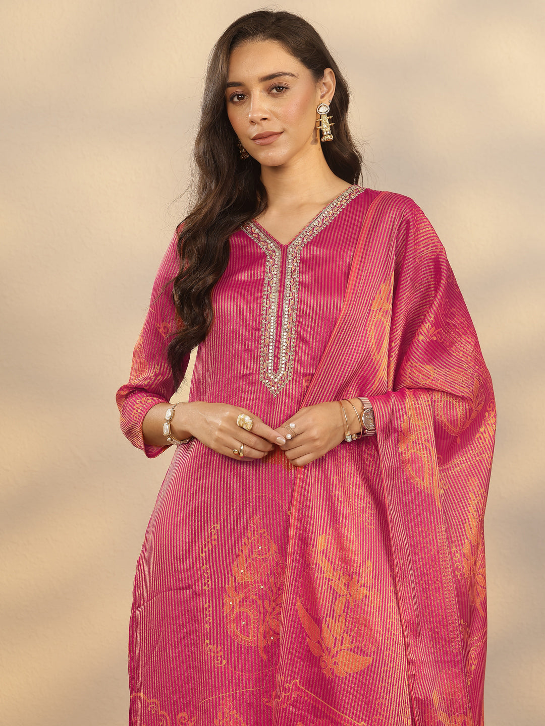  Pink Printed Silk Blend Straight Suit Set With Dupatta 