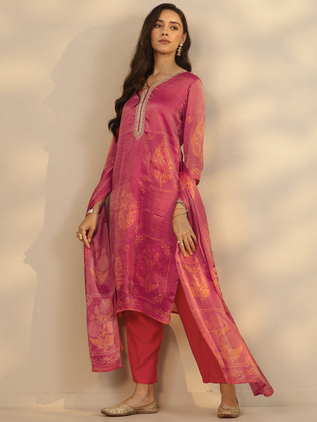 Pink Printed Silk Blend Straight Suit Set With Dupatta