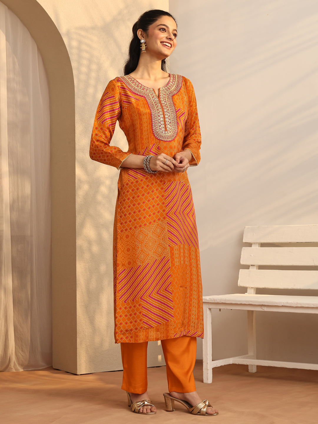  Mustard Bandhani Printed Organza Suit Set With Dupatta 