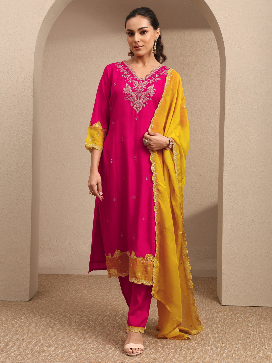  Pink Embroidered Silk Blend Straight Suit Set With Dupatta 