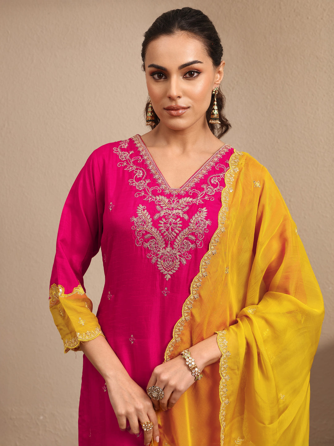  Pink Embroidered Silk Blend Straight Suit Set With Dupatta 