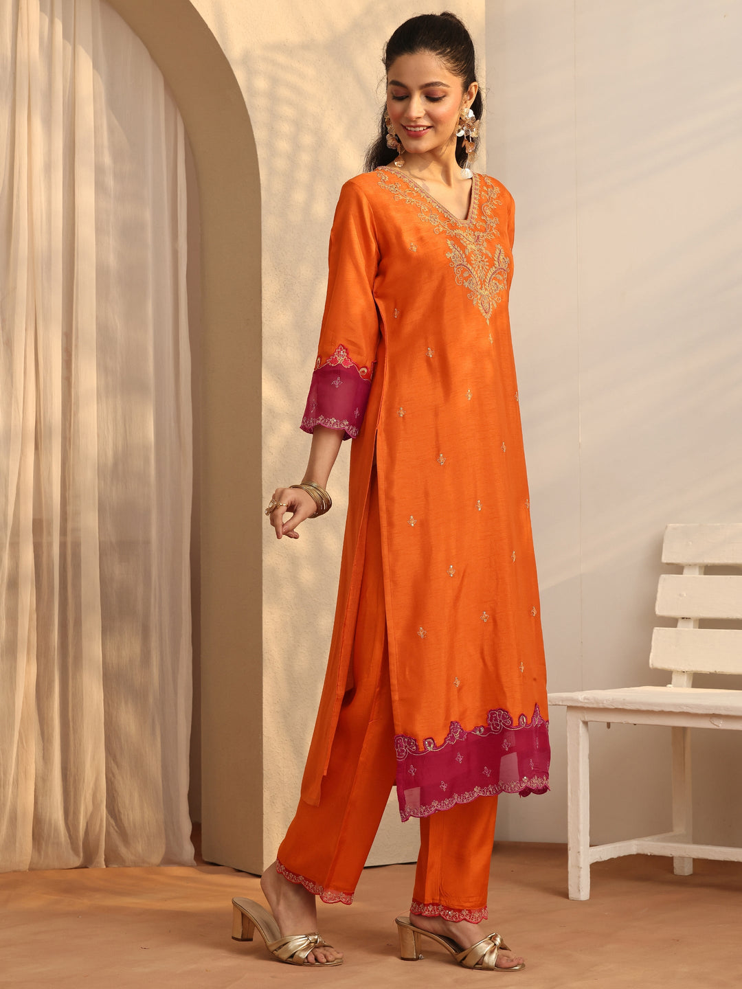  Orange Embroidered Silk Blend Straight Suit Set With Dupatta 