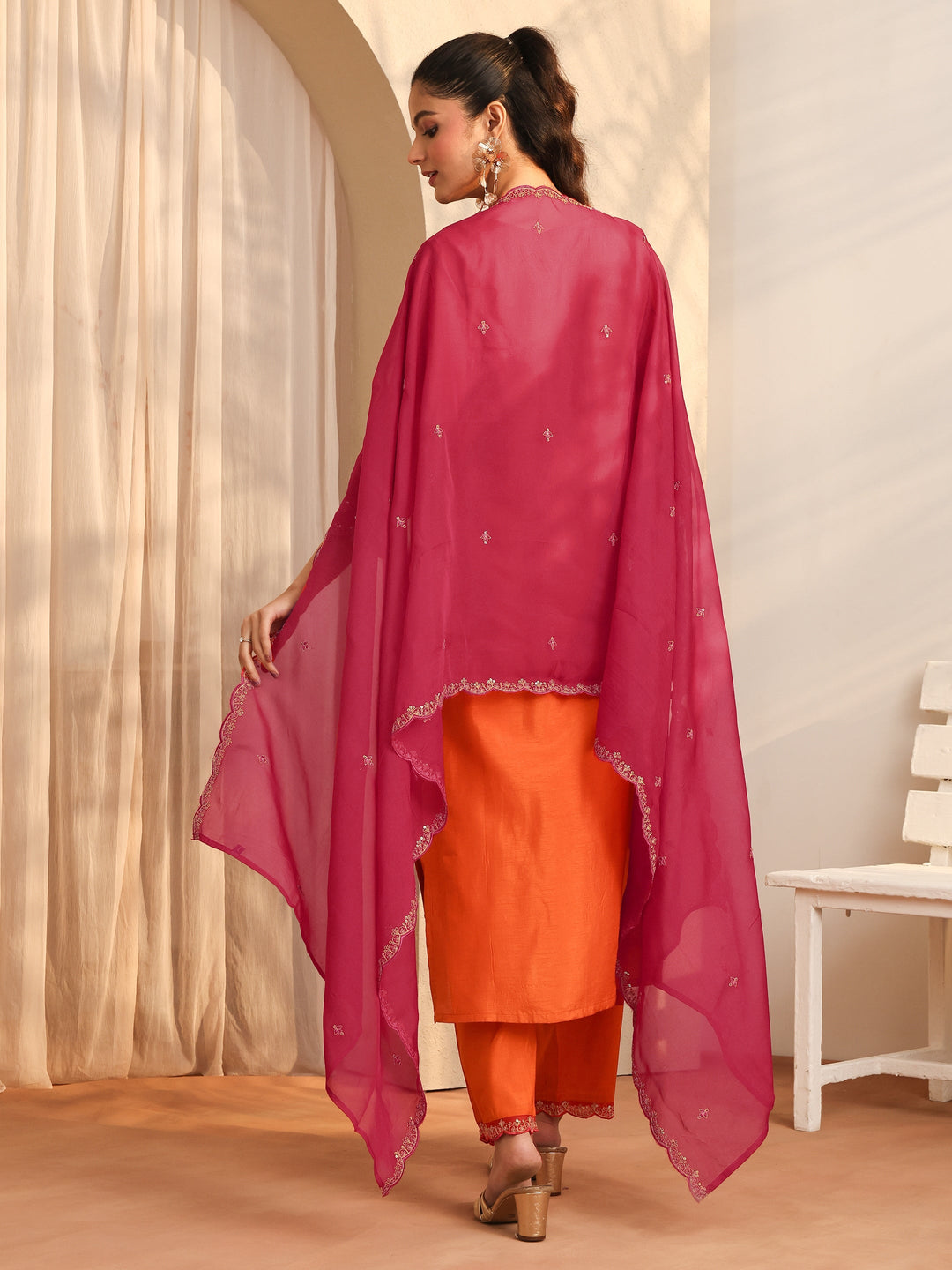  Orange Embroidered Silk Blend Straight Suit Set With Dupatta 