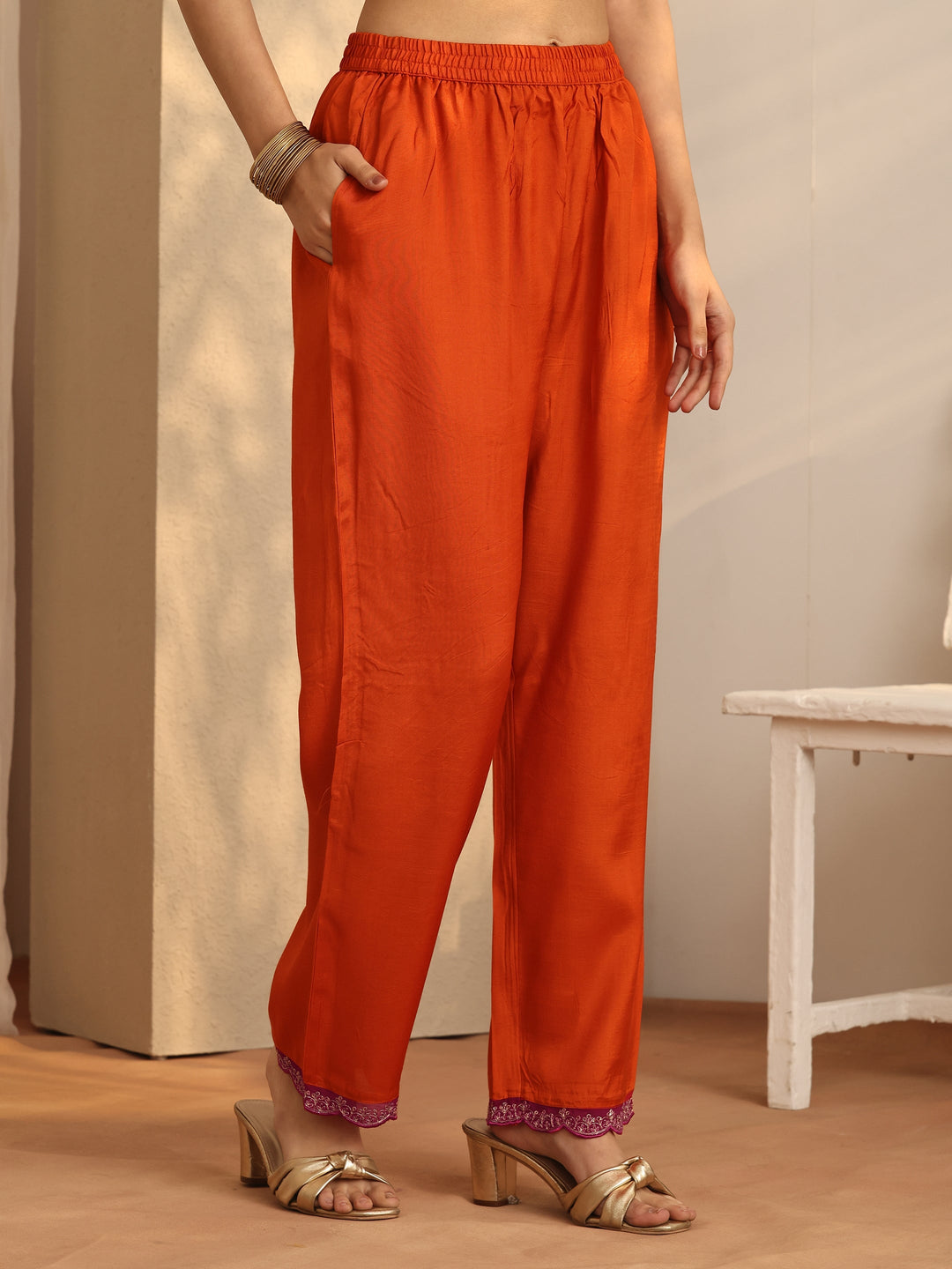  Orange Embroidered Silk Blend Straight Suit Set With Dupatta 