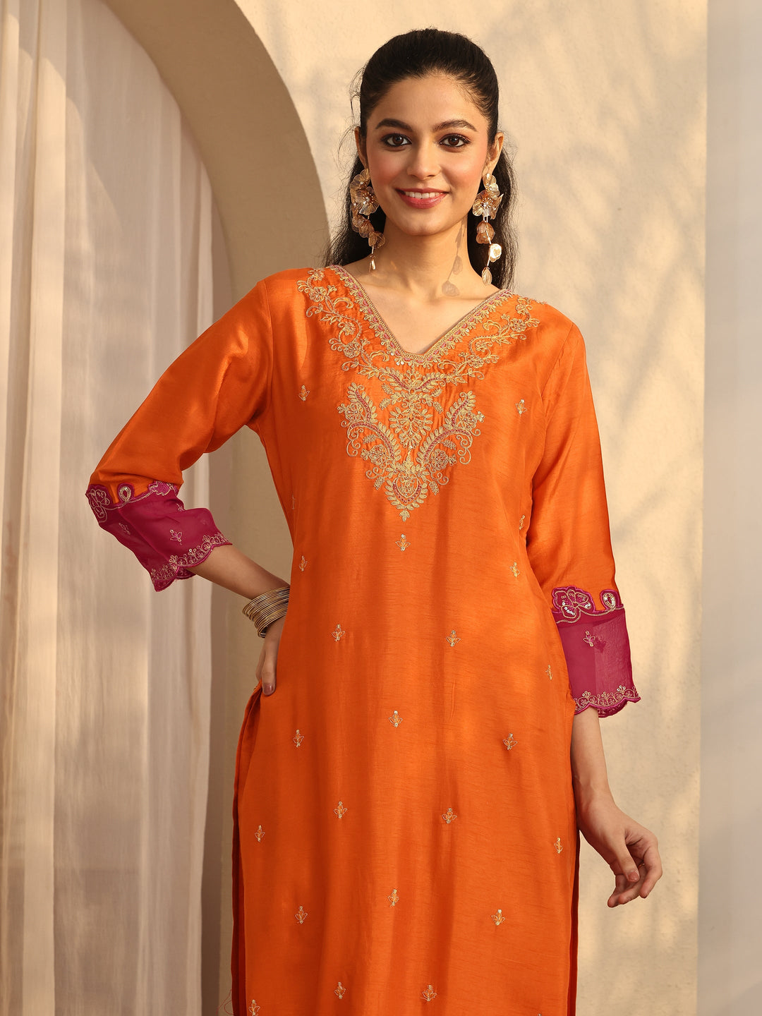  Orange Embroidered Silk Blend Straight Suit Set With Dupatta 