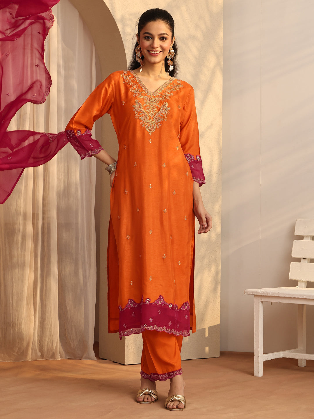  Orange Embroidered Silk Blend Straight Suit Set With Dupatta 